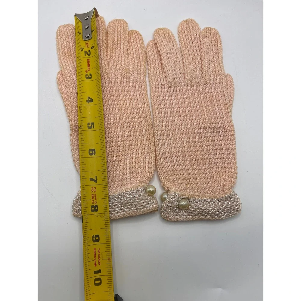 Vintage Peach Knit Gloves‎ Pearl Accents and Metallic Silver Cuffs Church Easter